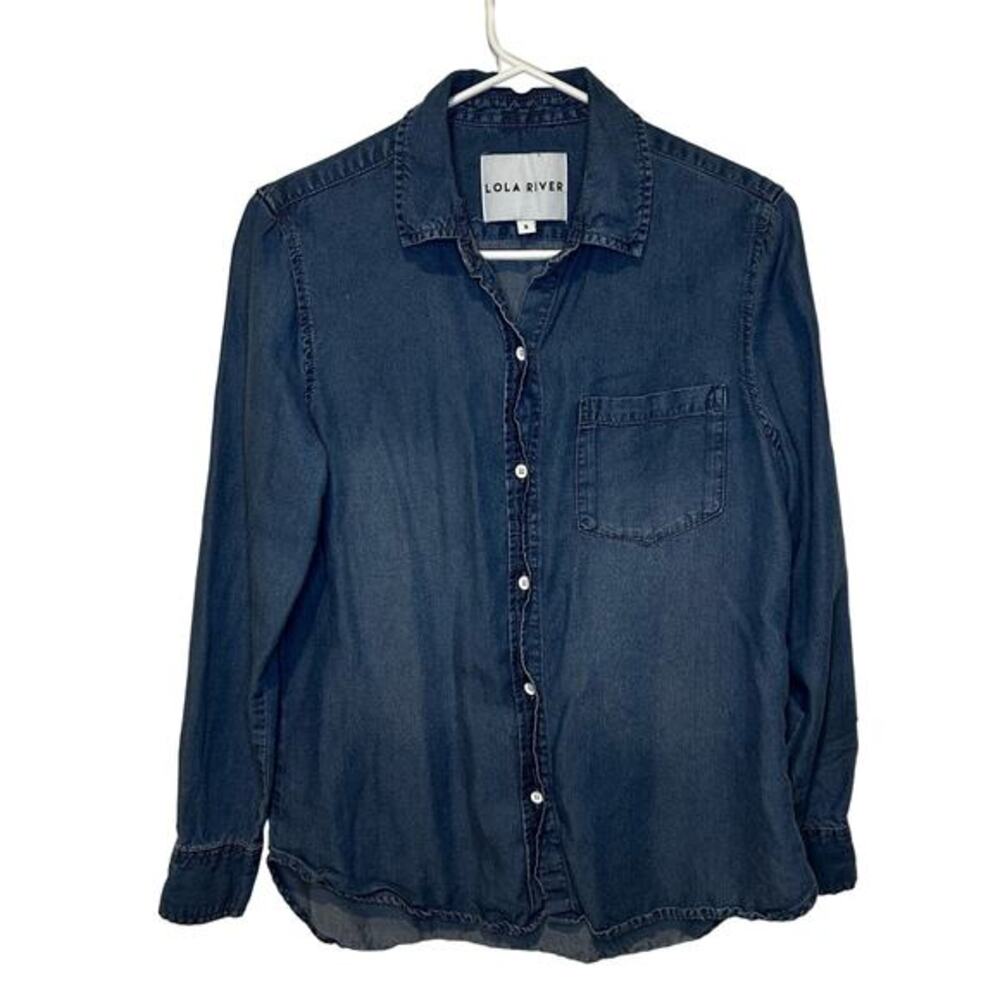 Lola River Womens‎ Long Sleeve Button Down Shirt Blue Denim Tencel Blouse Small